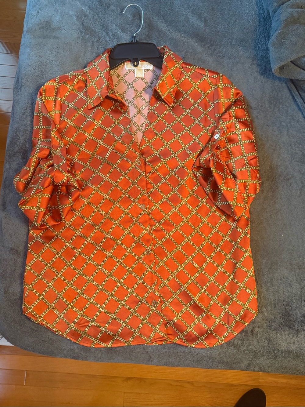 Michael Kors Orange Gold Chain Print Button Down Blouse Size M women’s
